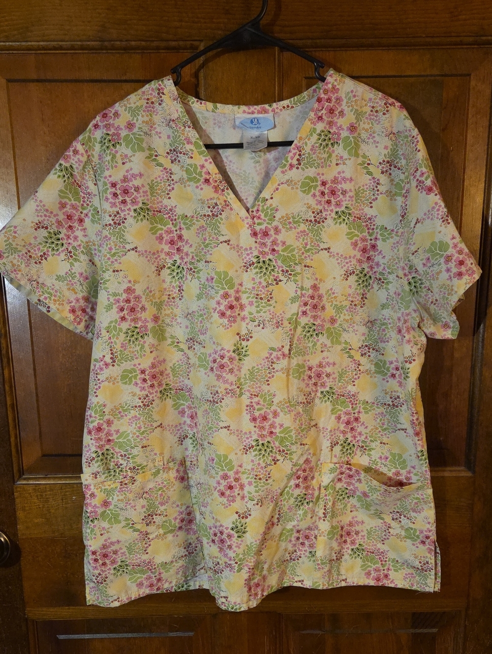 SB Scrubs Floral V-Neck Tunic Top in Pink, Yellow & Green